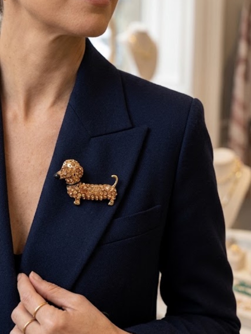 NWT Rhinestone Dachshund Brooch Pin Gold Tone Wiener Dog Sausage Dog